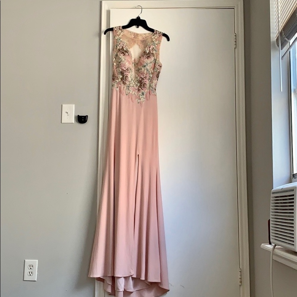 Flora Embroidered Illusion Neck Chiffon Gown